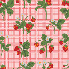 wild strawberry trellis pink checkered seamless pattern. food print, kitchen decor, tablecloths