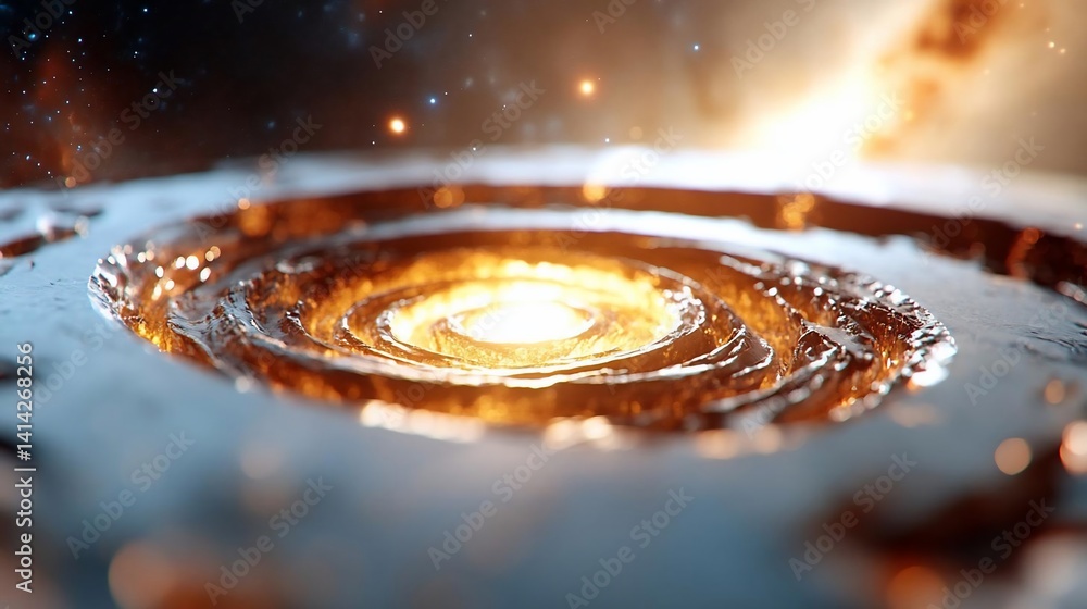 Poster Abstract core emitting bright light within a detailed metallic structure surrounded by a blurred cosmic background. Illustrates energy and cosmic events with vibrant color and depth
