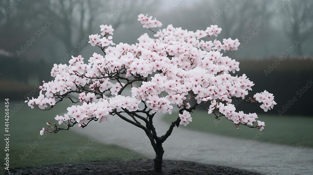 Aufkleber A delicate blossom tree in full bloom stands in a serene garden setting with a blurred pathway and soft diffused lighting, evoking tranquility