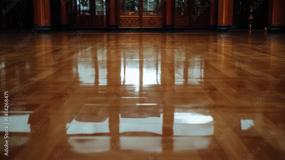 Poster Wooden floor reflecting architectural elements with soft lighting creating a sense of depth and spaciousness
