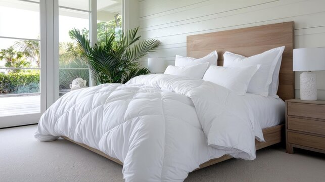 Luxurious white bedding set in modern minimalist bedroom