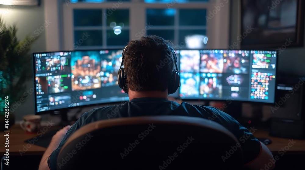 Aufkleber Man wearing headphones viewing multiple screens with various image tiles in a room with natural lighting from a window