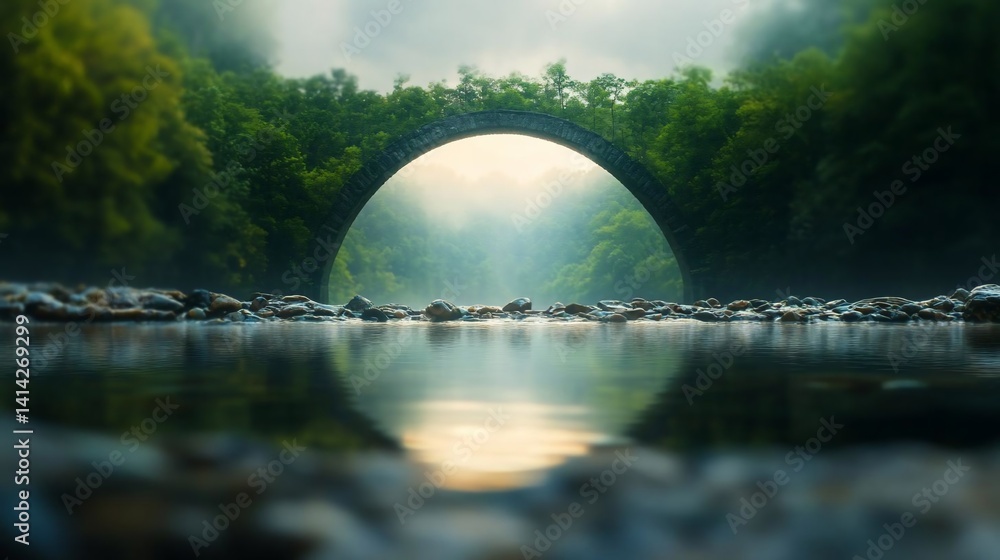 Poster Stone bridge arching over tranquil water surrounded by lush green forest and fog creating a serene atmosphere