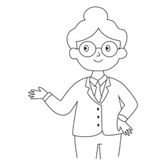 An old woman in glasses and strict suit is pointing at something with her hand. Line vector illustration on white background.