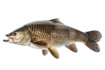 Naklejka premium A fresh carp glistens in the light, showcasing its scales in a rustic kitchen environment isolated on transparent background