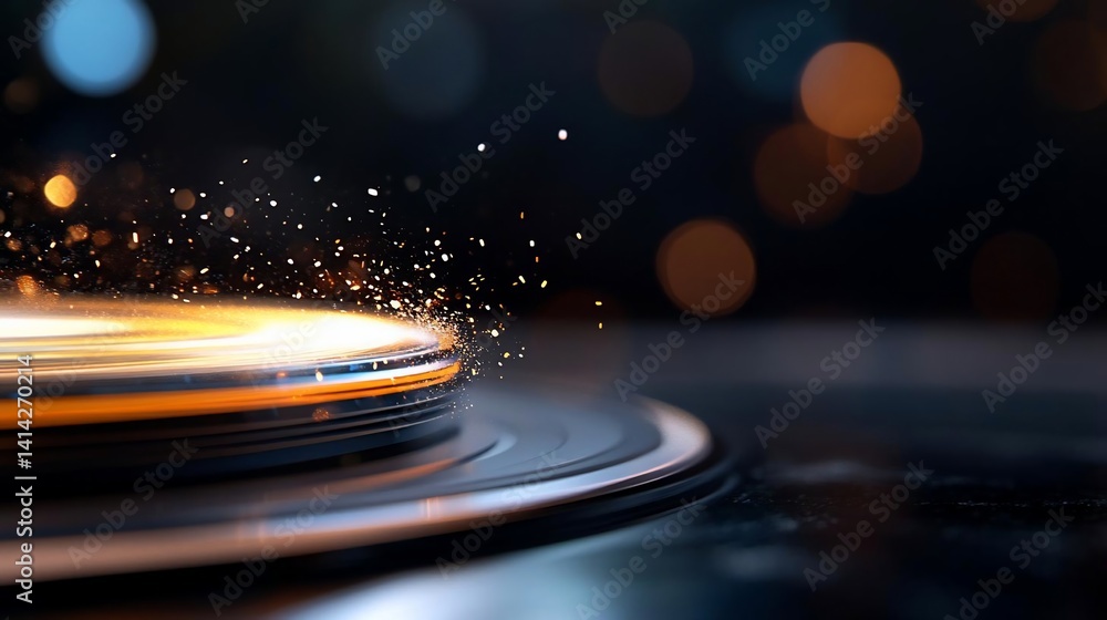 Poster Abstract circular object emitting light and sparks against a dark background with bokeh effect and blurry elements symbolizing energy and technology