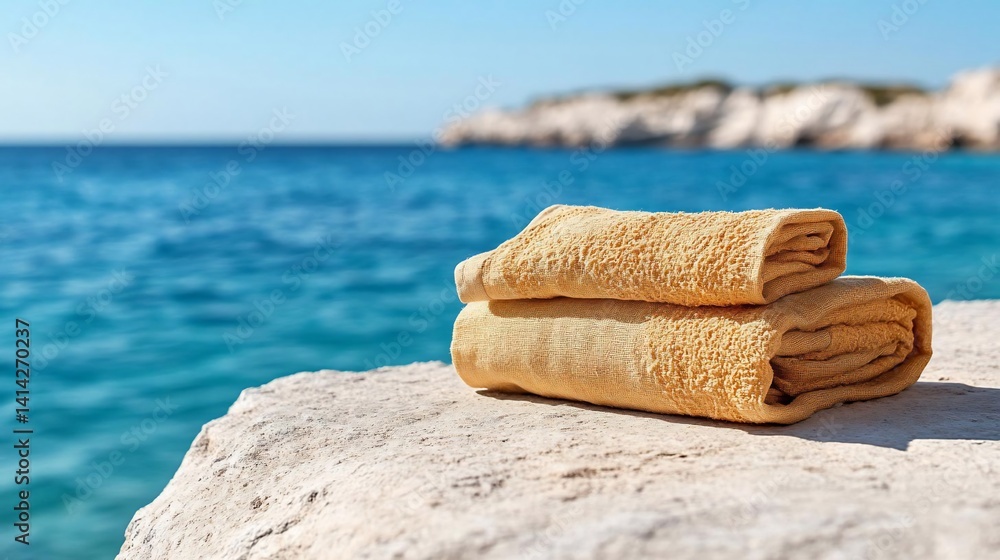 Poster two folded beige towels rest atop a textured white rock with a blurred seascape backdrop featuring t