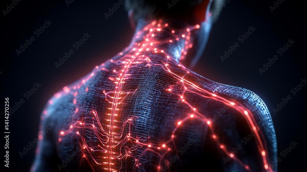 Poster medical illustration depicting the human nervous system in vibrant red against a dark background. fo