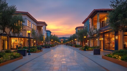 Fototapeta premium Sunset Stroll: Elegant Shops at Dusk