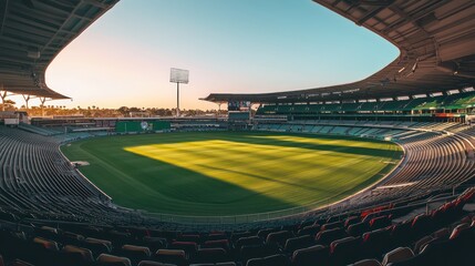 Empty cricket stadium at sunset