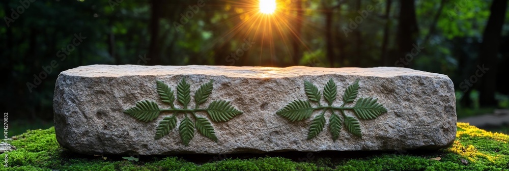 Poster A close-up of a stone block with leaf carvings surrounded by moss with a blurred forest background illuminated by the sun