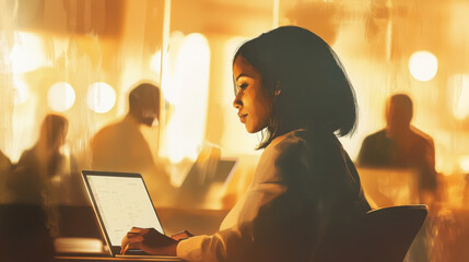 Realistic image of professional office teamwork, a woman sits in the foreground working on a laptop