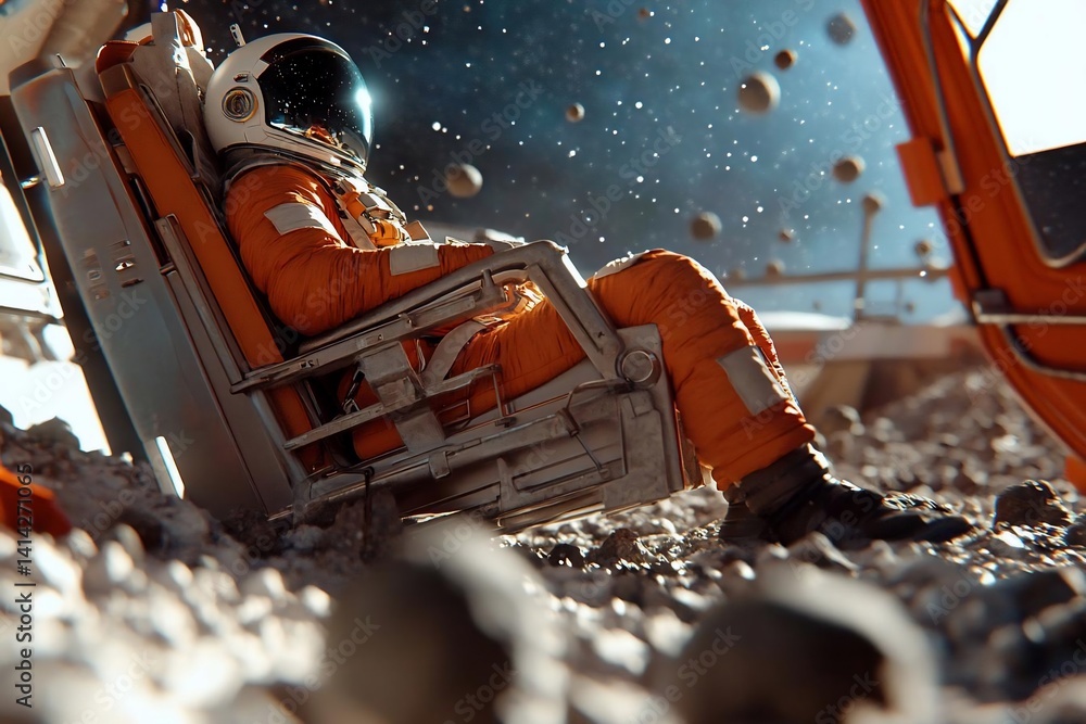 Fototapete astronaut in orange space suit sitting in a chair on a rocky surface against a starry background wit