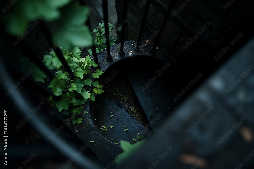 Poster Overhead perspective of a spiral staircase bathed in shadow with vibrant green foliage adding a touch of life to the scene. The wet stone surface reflects the dim light creating a moody atmosphere