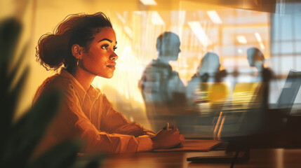 Realistic office scenario featuring a woman at her desk in the foreground, focused on her task