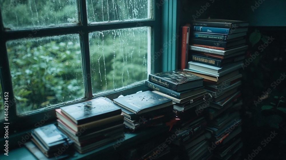Poster Stacks of books on a window sill with rain drops and lush green background, creating an atmosphere of reading and tranquility
