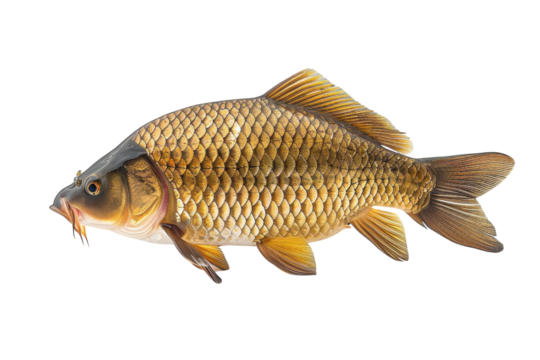 A magnificent golden carp swimming gracefully in a clear water habitat isolated on transparent background