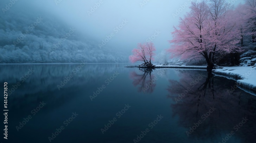 Poster Serene lake reflecting pink flowering trees against a backdrop of snow-covered mountains under a moody sky. Tranquil scene with soft lighting creating a peaceful atmosphere