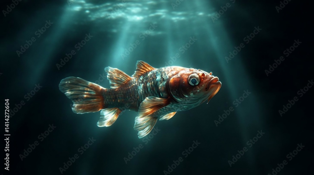Poster underwater scene featuring a pixelated animal illuminated by beams of light against a dark blue back
