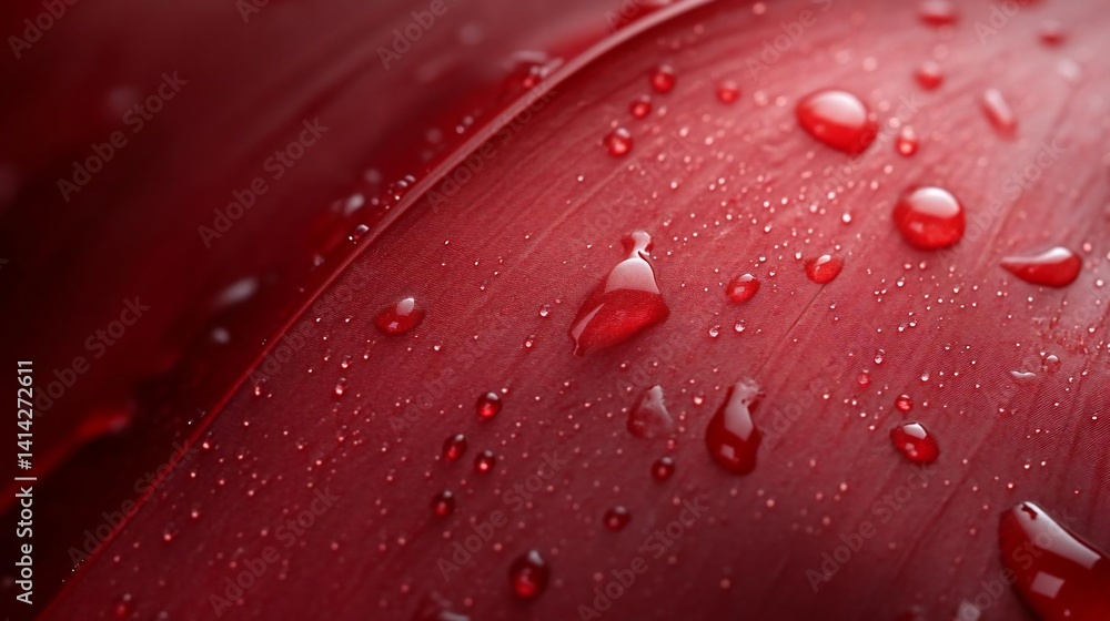 Poster Close up shot of a vibrant red leaf covered in droplets of water. The water droplets reflect light creating a glossy effect with a soft focus background