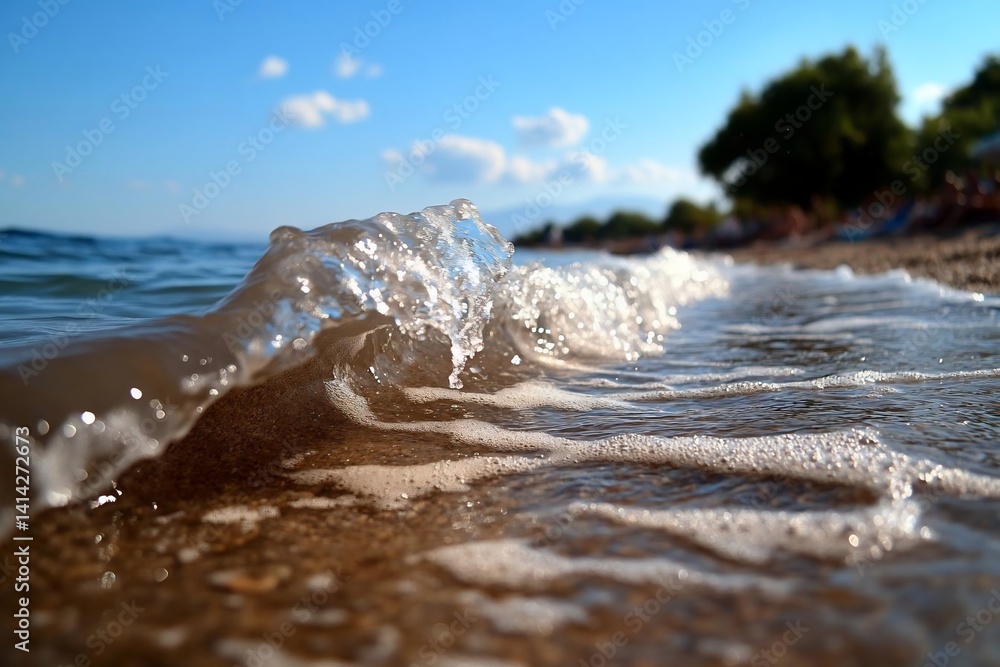 Poster close-up view of a wave crashing on a sandy beach under a clear blue sky. the water is crystal clear