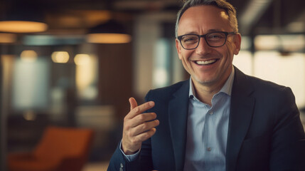 Realistic studio photo of a smiling businessman gesturing positively, friendly demeanor