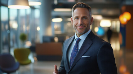 Sharp focus on a confident, friendly businessman posing with a welcoming gesture