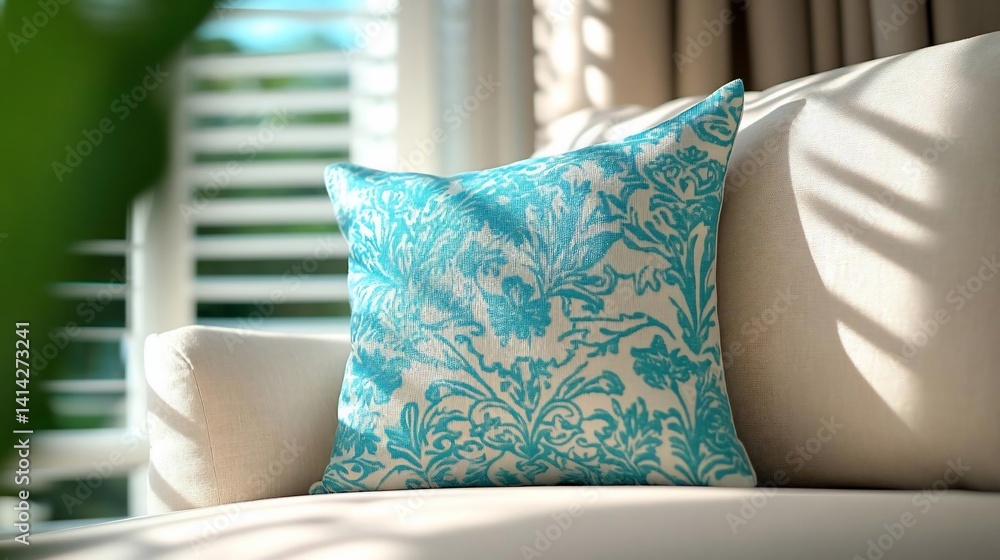 Aufkleber a close-up shot of a decorative pillow with a teal and white floral pattern on a cream-colored sofa 