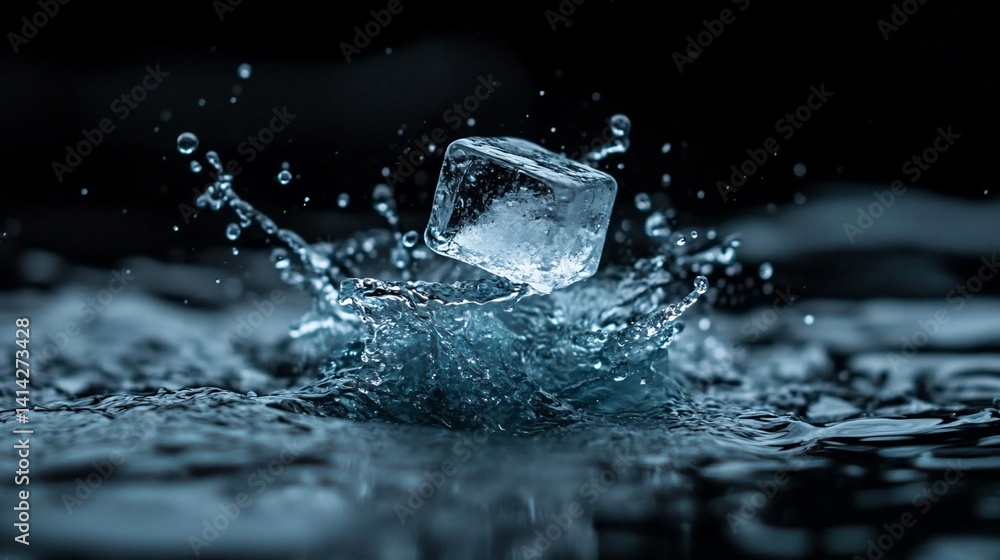 Leinwandbilder Generic object splashing into liquid creating a dynamic and energetic visual with droplets and dark background. Captures the essence of freshness and coldness. High speed photography showcasing