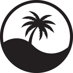 A vector illustration shows a palm tree silhouette on a tropical island beach under the summer sun

