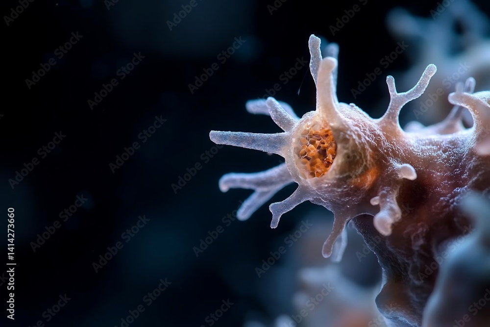 Poster close-up view of an aquatic organism featuring intricate details illuminated against a dark backgrou