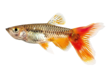 Vibrant guppy swimming gracefully in clear water during bright daylight isolated on transparent background