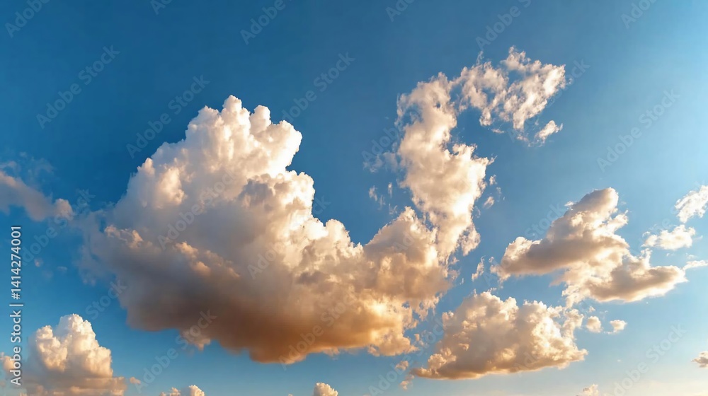 Poster Vibrant panoramic view of a bright blue sky with fluffy white and golden clouds illuminated by sunlight creating a serene and dynamic natural backdrop