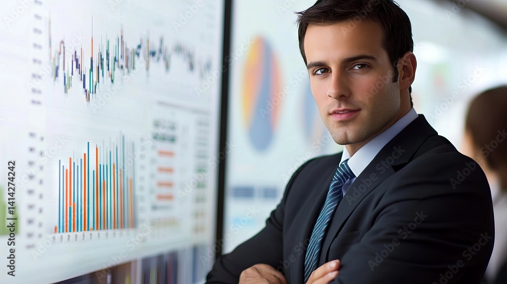 Poster a focused professional stands confidently in a sleek corporate office, interacting with dynamic char