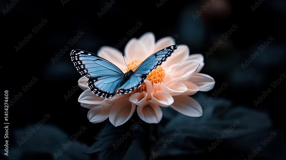 Poster close-up view of a blue butterfly with delicate patterns gracefully perched on a light orange flower