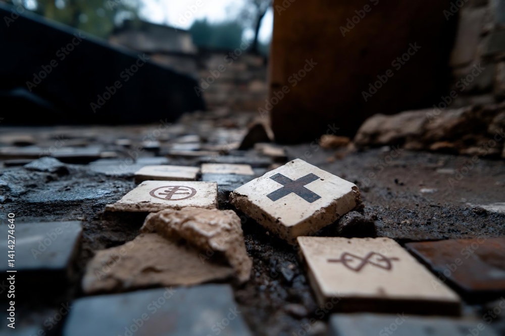 Poster close up shot of cracked square tiles in ruin with a cross symbol. the ground is wet and the scene h