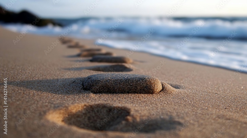 Poster footprints in the sand leading towards the ocean waves under a soft light highlighting the texture a