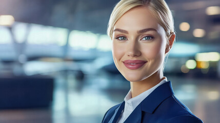 Smiling blonde female flight attendant looking directly at the lens, wearing a crisp airline uniform