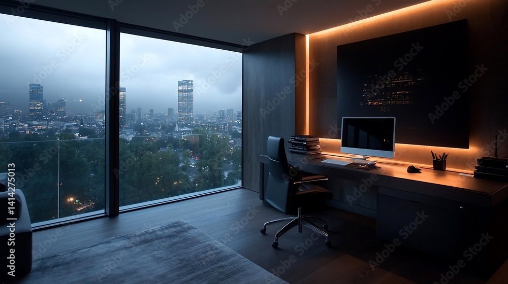 Poster modern office interior with a large window overlooking a city skyline. desk with computer and chair.