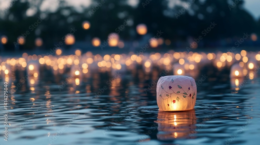 Aufkleber Floating lanterns illuminate calm water at dusk creating a serene and peaceful atmosphere with soft focus background