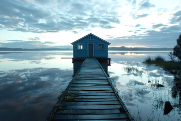 Bright blue house on stilts with a wooden pier overlooking a calm lake during sunset