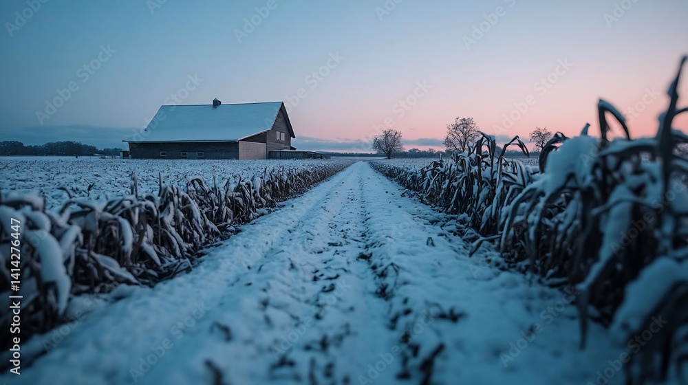 Aufkleber winter landscape with a snow-covered field leading to a house under a twilight sky. a serene path is