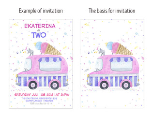 Watercolor summer ice cream truck invitation card, layout. Colorful confetti, ice cream, fruits, background. Design invitations birthday, summer party, printable stationery festive summer 