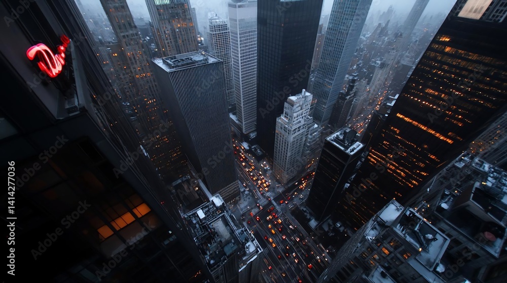 Poster high-angle view of urban cityscape with towering skyscrapers illuminated against the dusk sky. the s