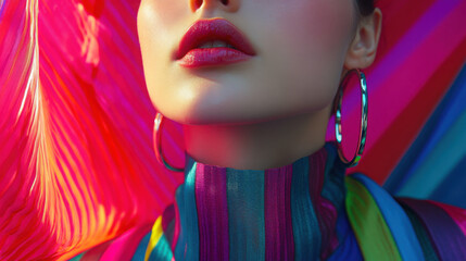 Studio close-up of a modern fashion icon in vivid clothing and glowing skin