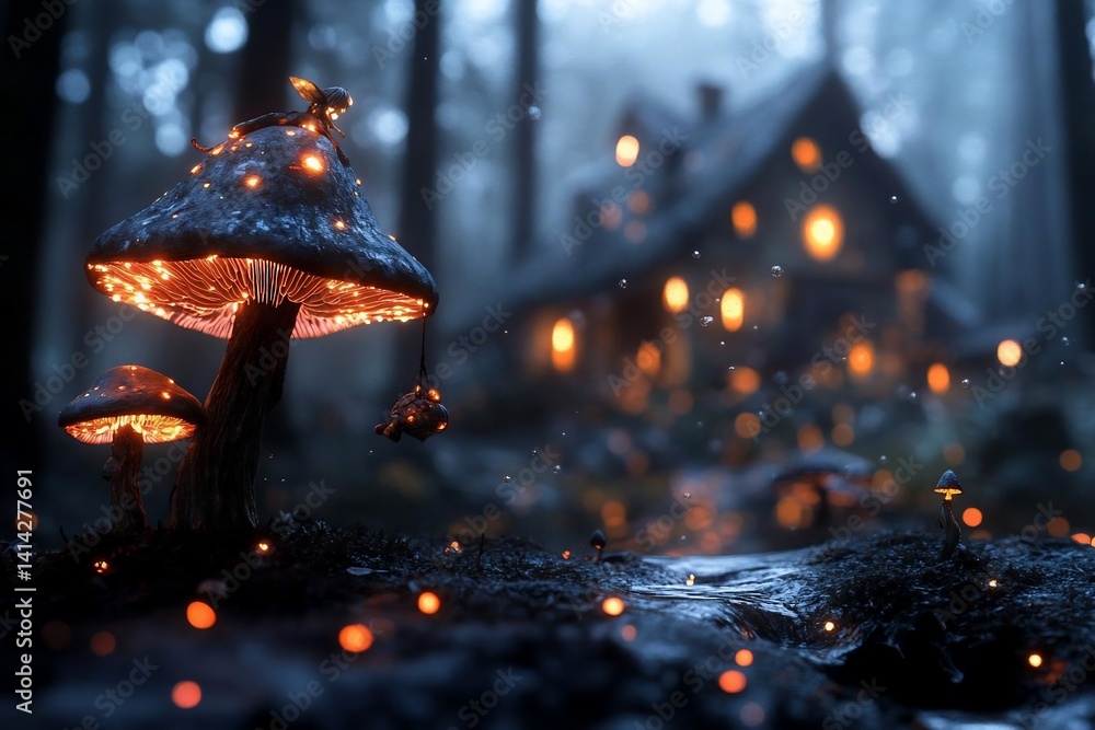 Poster mystical forest scene featuring glowing mushrooms and a quaint structure with warm lights creating a
