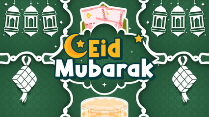 A festive Eid Mubarak greeting card with Islamic elements, including ketupat, lanterns, money envelopes, cookies, crescent moon, and stars, set on a green patterned background, symbolizing celebration