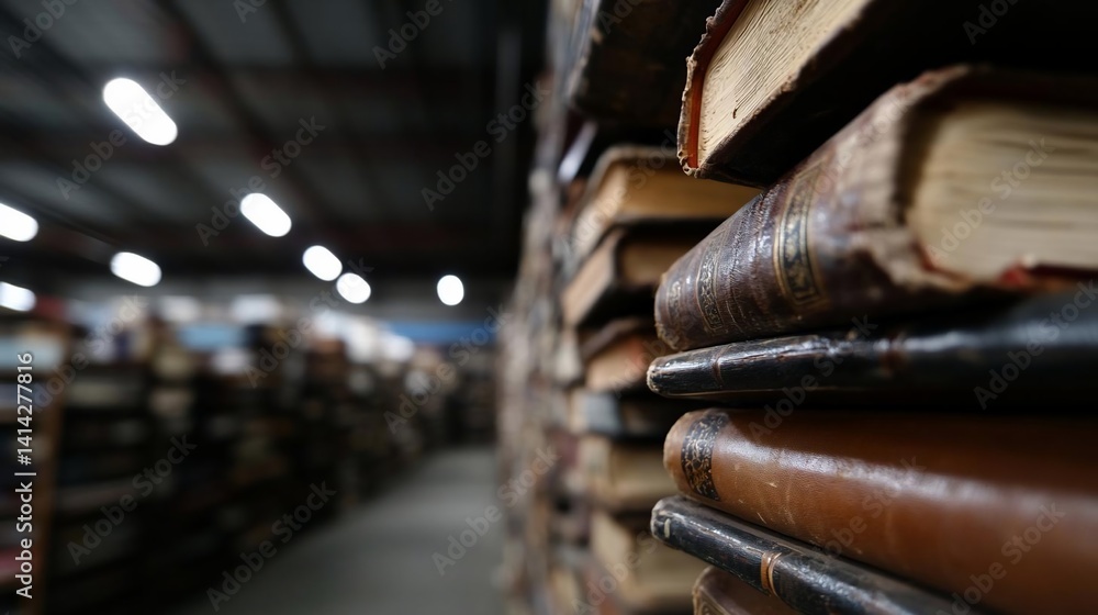 Poster close-up perspective view of stacked antique books in a library with blurred shelves and overhead li