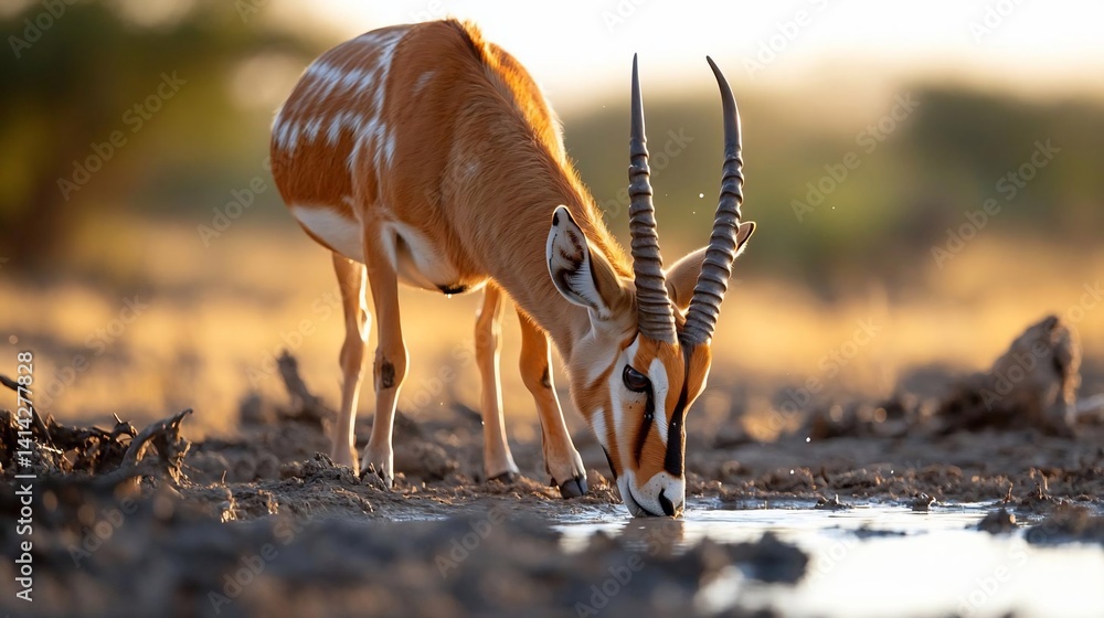 Poster an animal drinks from a water source. soft sunlight illuminates the animal in a natural environment.