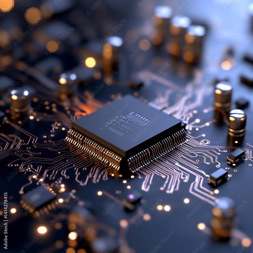 Aufkleber Close-up of a circuit board with a central processor unit and various electronic components with a shallow depth of field and blurred background